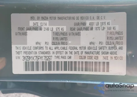 2015 Mazda Mazda3 I Sport z USA, uszkodzony, nr VIN 3MZBM1K75FM176297